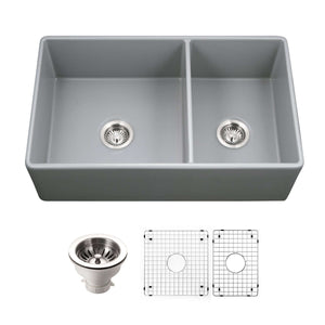 Alternate Image for Houzer Platus 33 inch Gray Fireclay Apron Front Farmhouse 60/40 Double Small Right Bowl Sink - PTD-6040 GR-C with Basket Strainer and Basin Grids Included