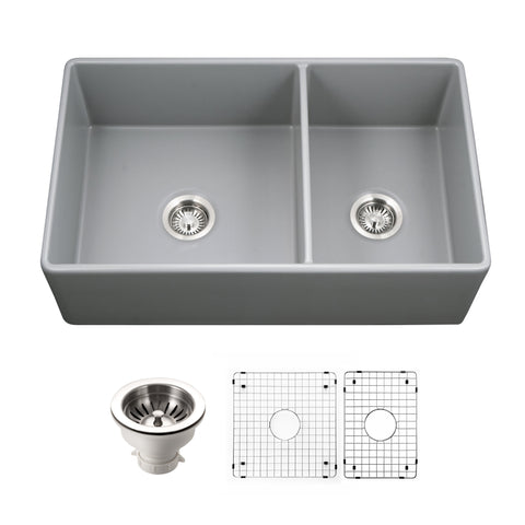 Houzer Platus 33 inch Gray Fireclay Apron Front Farmhouse 60/40 Double Small Right Bowl Sink - PTD-6040 GR-C with Basket Strainer and Basin Grids Included