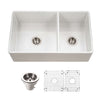 Houzer Platus 33 inch White Fireclay Apron Front Farmhouse 60/40 Double Bowl Kitchen Sink - PTD-6040 WH-C with Basket Strainer and Basin Grids Included