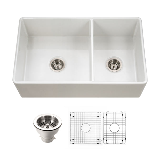 Houzer Platus 33 inch White Fireclay Apron Front Farmhouse 60/40 Double Bowl Kitchen Sink - PTD-6040 WH-C with Basket Strainer and Basin Grids Included