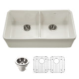 Houzer Platus 32 inch Biscuit Fireclay Apron Front Farmhouse 50/50 Double Bowl Kitchen Sink with Low Divider - PTD-6400 BQ-C with Basket Strainer and Basin Grids Included