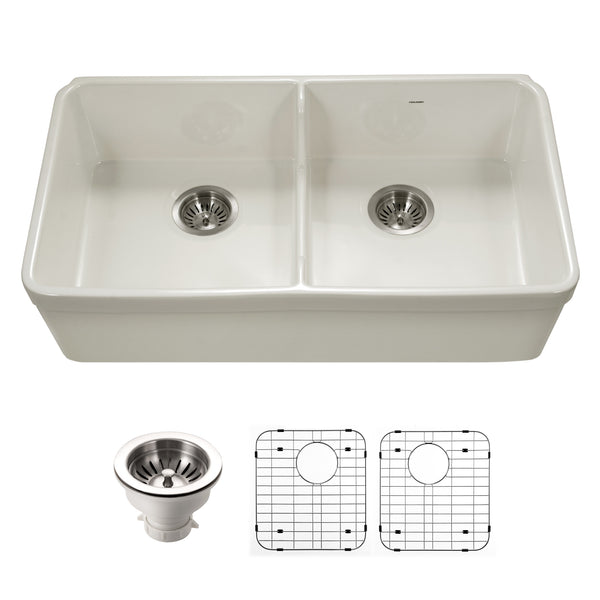 Houzer Platus 32 inch Biscuit Fireclay Apron Front Farmhouse 50/50 Double Bowl Kitchen Sink with Low Divider - PTD-6400 BQ-C with Basket Strainer and Basin Grids Included