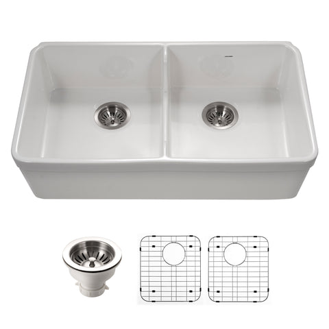 Houzer Platus 36 inch Biscuit Fireclay Apron Front F+AX434armhouse Single Bowl Kitchen Sink - PTG-3600 BQ-C with Basket St+AX2 Included, White, PTD-6400 WH-C