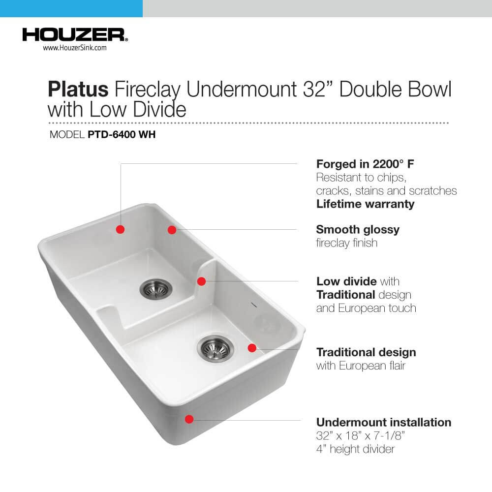 Houzer Platus 32" Fireclay 50/50 Low Divide Double Bowl Farmhouse Kitchen Sink with Accessories, White, PTD-6400 WH-C