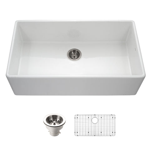 Houzer Platus 36 inch White Fireclay Apron Front Farmhouse Single Bowl Kitchen Sink with Strainer & Grid - PTG-3600 WH-C