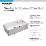 Houzer Platus 36 inch White Fireclay Apron Front Farmhouse Single Bowl Kitchen Sink with Strainer & Grid - PTG-3600 WH-C