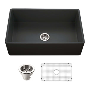 Alternate Image for Houzer Platus 33 inch Black Fireclay Apron Front Farmhouse Single Bowl Kitchen Sink - PTG-4300 BL-C with Basket Strainer and Basin Grid Included