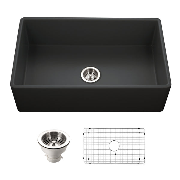 Houzer Platus 33 inch Black Fireclay Apron Front Farmhouse Single Bowl Kitchen Sink - PTG-4300 BL-C with Basket Strainer and Basin Grid Included