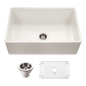 Alternate Image for Houzer Platus 33 inch Biscuit Fireclay Apron Front Farmhouse Single Bowl Kitchen Sink - PTG-4300 BQ-C with Basket Strainer and Basin Grid Included