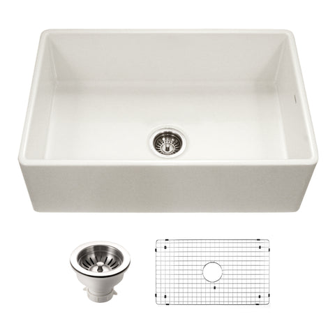 Houzer Platus 33 inch Biscuit Fireclay Apron Front Farmhouse Single Bowl Kitchen Sink - PTG-4300 BQ-C with Basket Strainer and Basin Grid Included