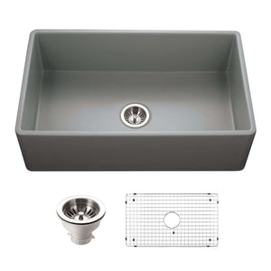 Alternate Image for Houzer Platus 33 inch Gray Fireclay Apron Front Farmhouse Single Bowl Kitchen Sink - PTG-4300 GR-C with Basket Strainer and Basin Grid Included
