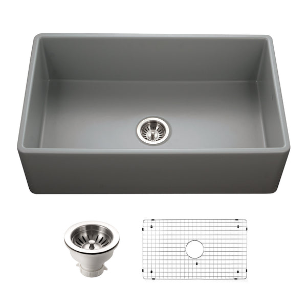 Houzer Platus 33 inch Gray Fireclay Apron Front Farmhouse Single Bowl Kitchen Sink - PTG-4300 GR-C with Basket Strainer and Basin Grid Included