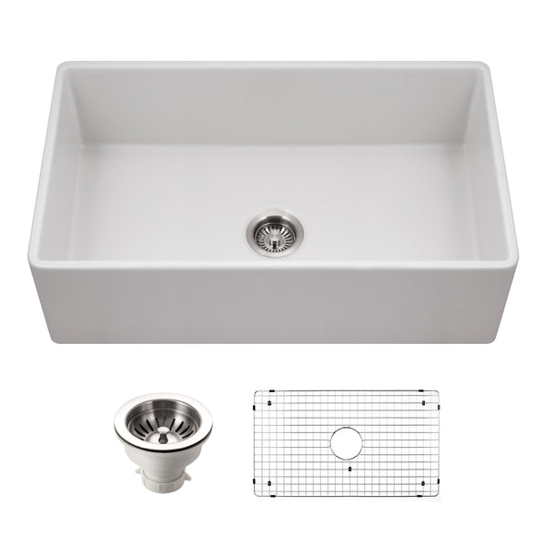 Houzer Platus 33 inch Matte White Fireclay Apron Front Farmhouse Single Bowl Kitchen Sink - PTG-4300 MWH-C with Basket Strainer and Basin Grid Included