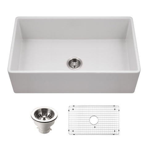 Houzer Platus 33 inch Matte White Fireclay Apron Front Farmhouse Single Bowl Kitchen Sink - PTG-4300 MWH