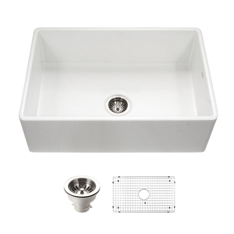 Houzer Platus 33 inch White Fireclay Apron Front Farmhouse Kitchen Sink with Strainer & Grid - PTG-4300 WH-C