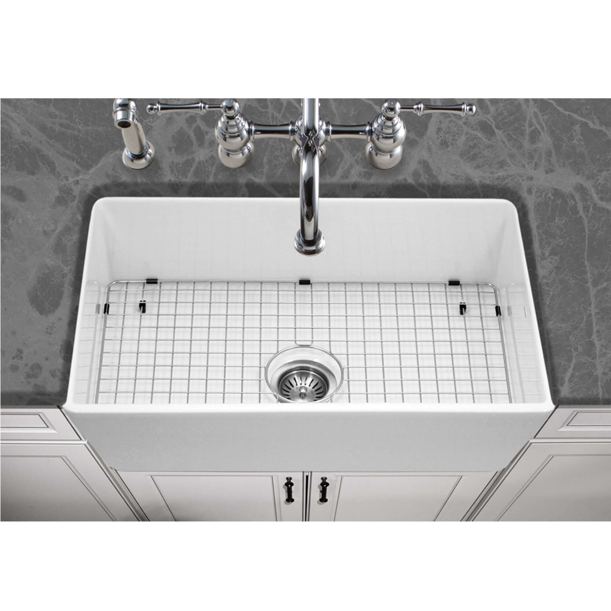 Houzer Platus 33 inch White Fireclay Apron Front Farmhouse Kitchen Sink with Strainer & Grid - PTG-4300 WH-C
