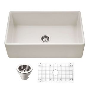 Alternate Image for Houzer Platus 33 inch Biscuit Fireclay Apron Front Farmhouse Single Bowl Kitchen Sink - PTG-4318 BQ-C with Basket Strainer and Basin Grid Included