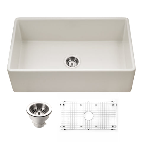 Houzer Platus 33 inch Biscuit Fireclay Apron Front Farmhouse Single Bowl Kitchen Sink - PTG-4318 BQ-C with Basket Strainer and Basin Grid Included