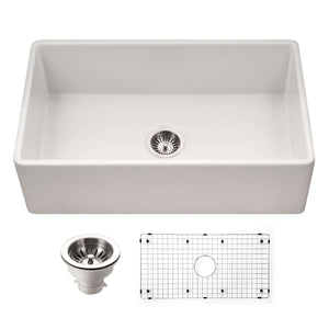 Alternate Image for Houzer Platus 33 inch White Fireclay Apron Front Farmhouse Single Bowl Kitchen Sink - PTG-4318 WH-C with Basket Strainer and Basin Grid Included