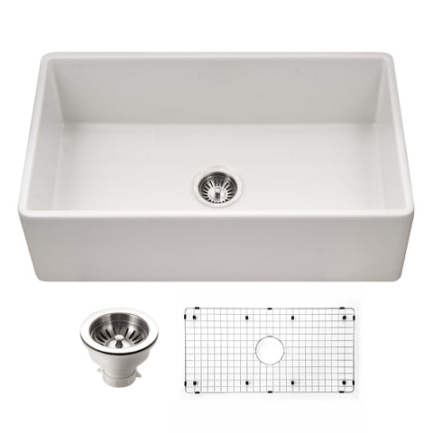 Houzer Platus 33 inch White Fireclay Apron Front Farmhouse Single Bowl Kitchen Sink - PTG-4318 WH-C with Basket Strainer and Basin Grid Included