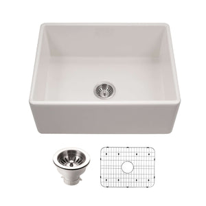 Alternate Image for Houzer Platus 26 inch Biscuit Fireclay Apron Front Farmhouse Single Bowl Kitchen Sink - PTS-2600 BQ-C with Basket Strainer and Basin Grid Included