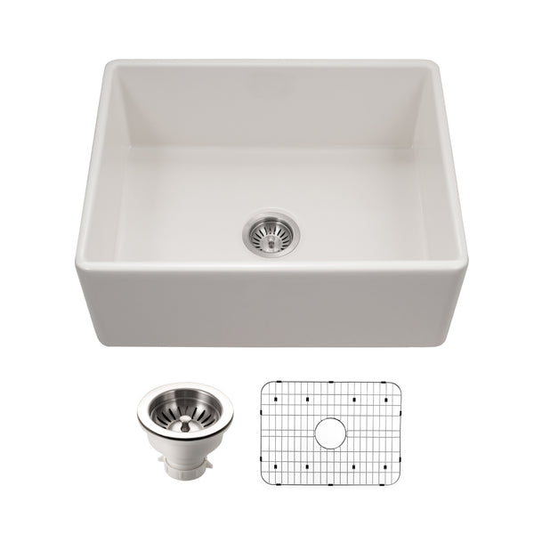 Houzer Platus 26 inch Biscuit Fireclay Apron Front Farmhouse Single Bowl Kitchen Sink - PTS-2600 BQ-C with Basket Strainer and Basin Grid Included