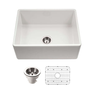 Alternate Image for Houzer Platus 26 inch White Fireclay Apron Front Farmhouse Single Bowl Kitchen Sink - PTS-2600 WH-C with Basket Strainer and Basin Grid Included