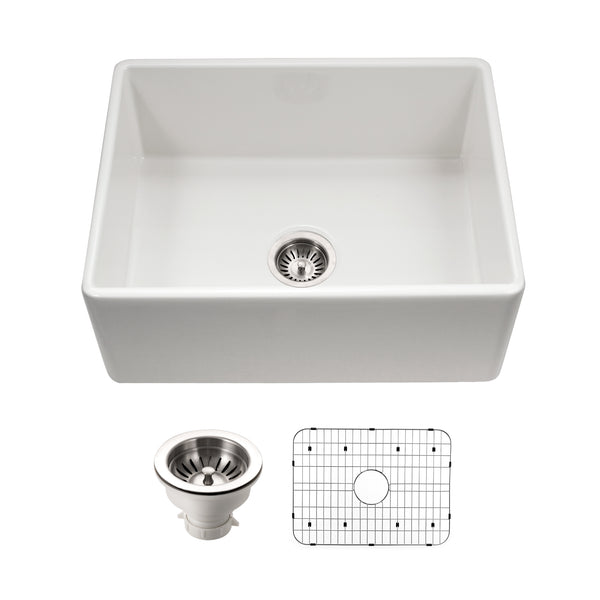 Houzer Platus 26 inch White Fireclay Apron Front Farmhouse Single Bowl Kitchen Sink - PTS-2600 WH-C with Basket Strainer and Basin Grid Included