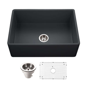 Alternate Image for Houzer Platus 30 inch Black Fireclay Apron Front Farmhouse Single Bowl Kitchen Sink - PTS-4100 BL-C with Basket Strainer and Basin Grid Included
