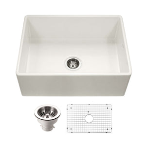 Alternate Image for Houzer Platus 30 inch Biscuit Fireclay Apron Front Farmhouse Single Bowl Kitchen Sink - PTS-4100 BQ-C with Basket Strainer and Basin Grid Included