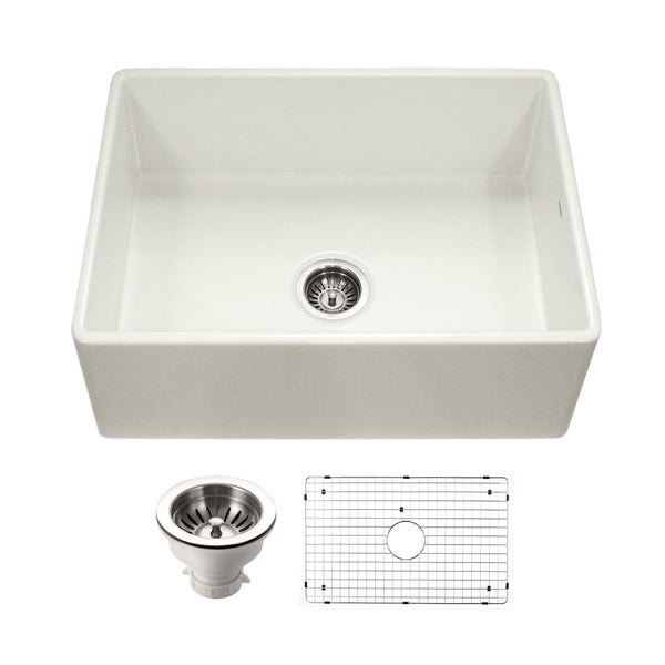 Houzer Platus 30 inch Biscuit Fireclay Apron Front Farmhouse Single Bowl Kitchen Sink - PTS-4100 BQ-C with Basket Strainer and Basin Grid Included