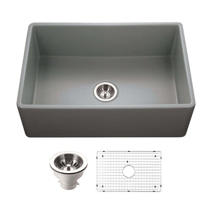 Alternate Image for Houzer Platus 30 inch Gray Fireclay Apron Front Farmhouse Single Bowl Kitchen Sink - PTS-4100 GR-C with Basket Strainer and Basin Grid Included