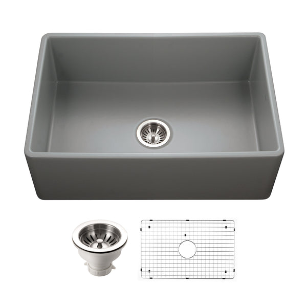 Houzer Platus 30 inch Gray Fireclay Apron Front Farmhouse Single Bowl Kitchen Sink - PTS-4100 GR-C with Basket Strainer and Basin Grid Included