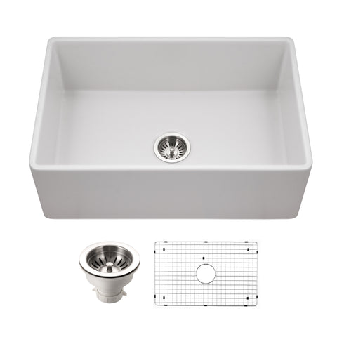 Houzer Platus 30 inch Matte White Fireclay Apron Front Farmhouse Single Bowl Kitchen Sink - PTS-4100 MWH-C with Basket Strainer and Basin Grid Included