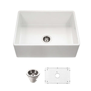 Alternate Image for Houzer Platus 30 inch White Fireclay Apron Front Farmhouse Single Bowl Kitchen Sink with Strainer & Grid - PTS-4100 WH-C