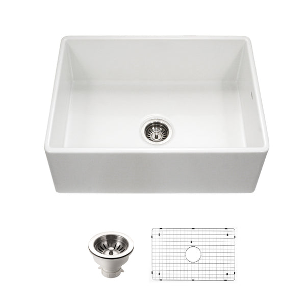 Houzer Platus 30 inch White Fireclay Apron Front Farmhouse Single Bowl Kitchen Sink with Strainer & Grid - PTS-4100 WH-C