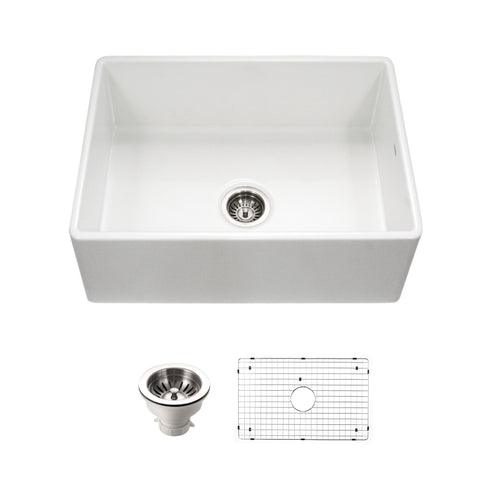 Houzer Platus 30 inch White Fireclay Apron Front Farmhouse Single Bowl Kitchen Sink with Strainer & Grid - PTS-4100 WH-C