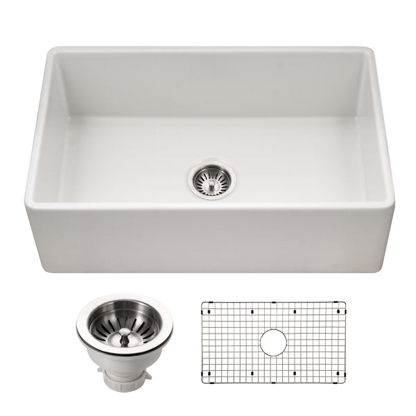 Houzer Platus 30 inch White Fireclay Apron Front Farmhouse Single Bowl Kitchen Sink - PTS-4118 WH-C with Basket Strainer and Basin Grid Included