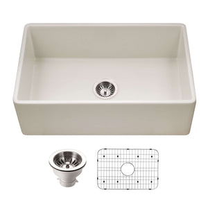 Alternate Image for Houzer Platus 30 inch Biscuit Fireclay Apron Front Farmhouse Single Bowl Kitchen Sink - PTS-4118 BQ-C with Basket Strainer and Basin Grid Included