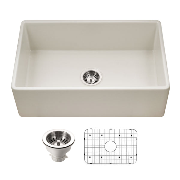 Houzer Platus 30 inch Biscuit Fireclay Apron Front Farmhouse Single Bowl Kitchen Sink - PTS-4118 BQ-C with Basket Strainer and Basin Grid Included