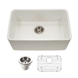 Houzer Platus 24 inch Biscuit Fireclay Undermount Single Bowl Kitchen Sink - PTU-2400 BQ-C with Basket Strainer and Basin Grid Included