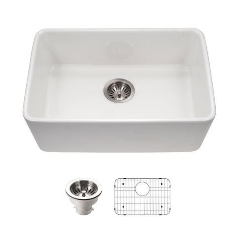 Houzer Platus 24 inch White Fireclay Undermount Single Bowl Kitchen Sink with Strainer & Grid - PTU-2400 WH-C