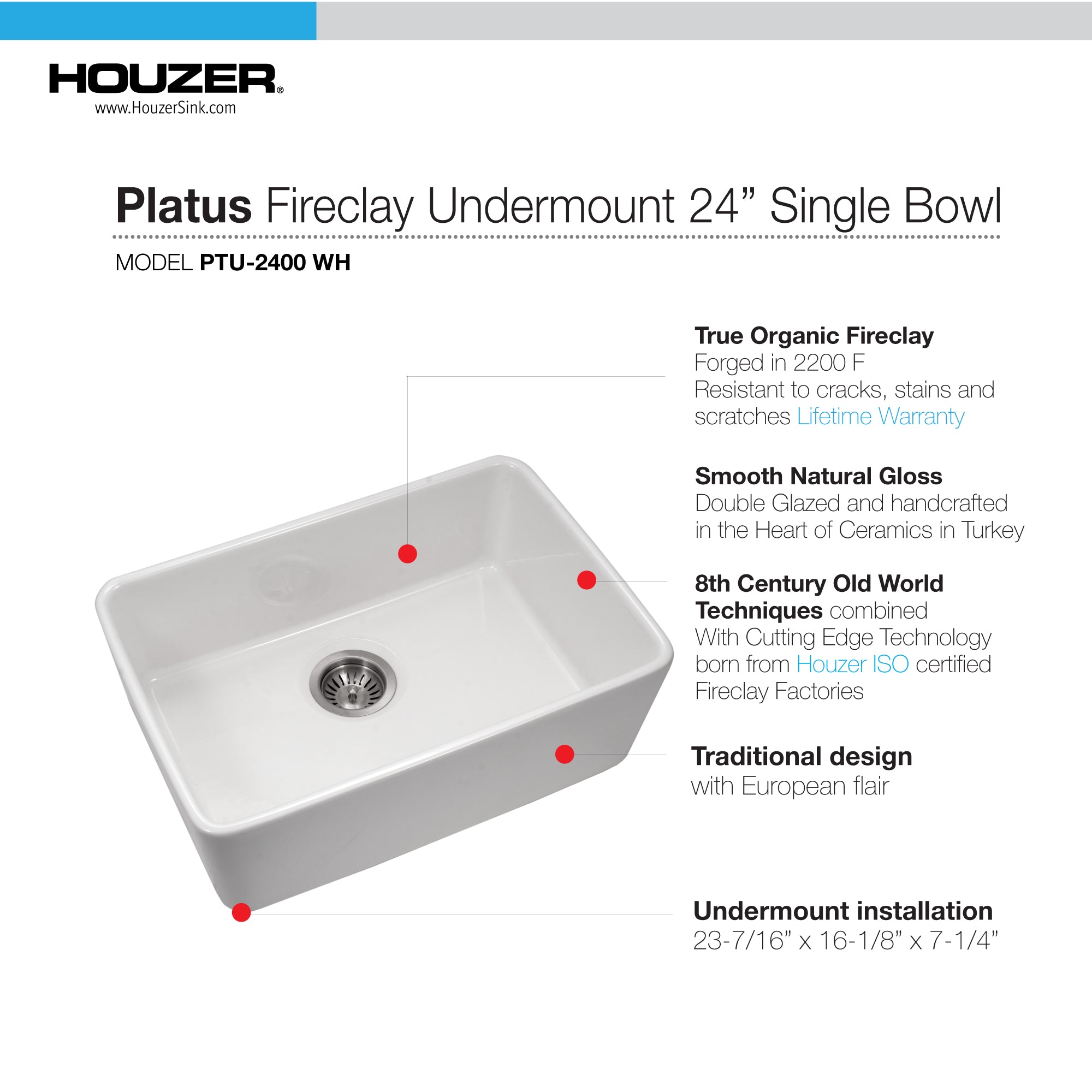 Houzer Platus 24 inch White Fireclay Undermount Single Bowl Kitchen Sink with Strainer & Grid - PTU-2400 WH-C