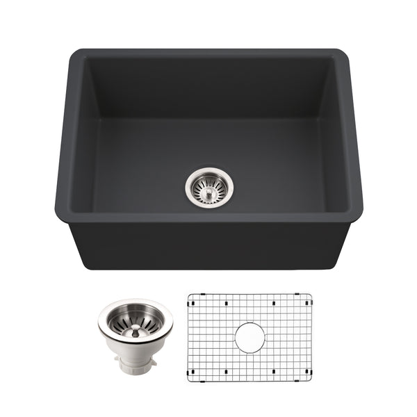 Houzer Platus 26 inch Black Fireclay Undermount Single Bowl Kitchen Sink - PTU-2800 BL-C with Basket Strainer and Basin Grid Included