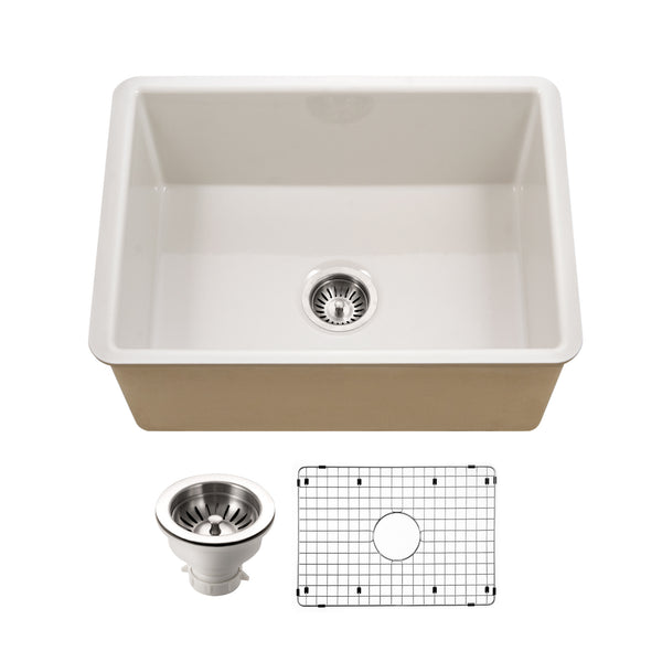 Houzer Platus 26 inch Biscuit Fireclay Undermount Single Bowl Kitchen Sink - PTU-2800 BQ-C with Basket Strainer and Basin Grid Included