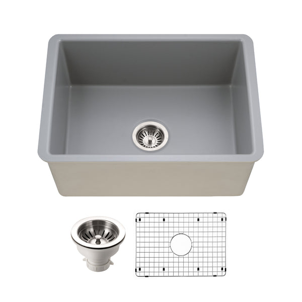 Houzer Platus 26 inch Gray Fireclay Undermount Single Bowl Kitchen Sink - White, PTU-2800 GR-C with Basket Strainer and Basin Grid Included