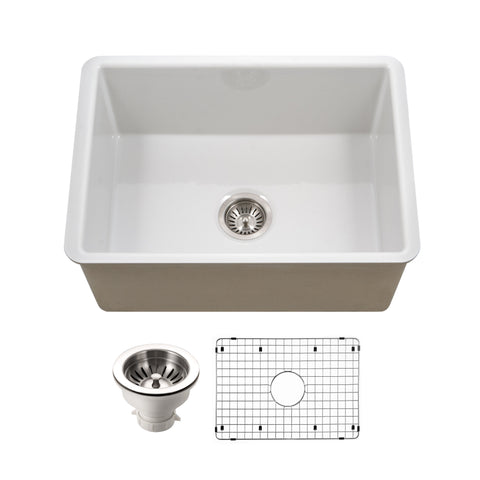 Houzer Platus 26 inch White Fireclay Undermount Single Bowl Kitchen Sink - PTU-2800 WH-C with Basket Strainer and Basin Grid Included