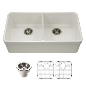 Alternate Image for Houzer Platus 32" Fireclay 50/50 Double Bowl Undermount Kitchen Sink with Accessories, Biscuit, PTU-3200 BQ-C