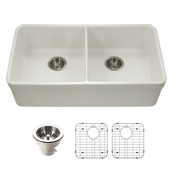 Houzer Platus 32 inch Biscuit Fireclay Undermount 50/50 Double Bowl Kitchen Sink - PTU-3200 BQ-C with Basket Strainer and Basin Grids Included