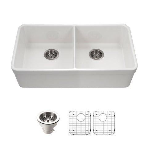 Houzer Platus 32 inch White Fireclay Undermount 50/50 Double Bowl Kitchen Sink with Strainer & Grids - PTU-3200 WH-C